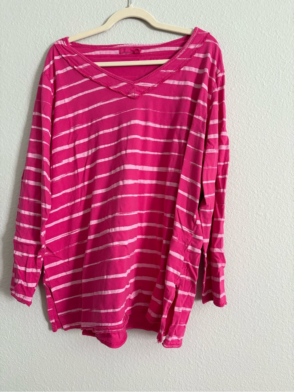 fresh produce Pink and White Striped V-Neck Long Sleeve Top 100% Cotton